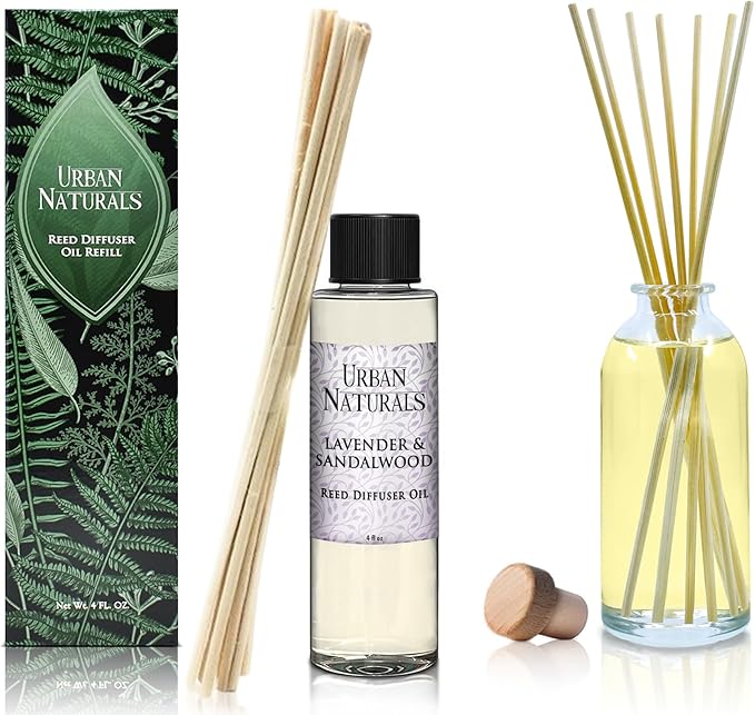 Urban Naturals Lavender & Sandalwood Scented Oil Reed Diffuser Refill and Reed Sticks, 4 oz (2 Pack)