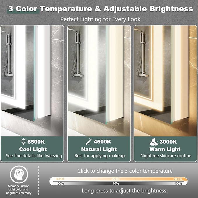 LED Bathroom Mirror with Lights: 24"x32" Wall Mounted Large Lighted Mirrors Fogless, Anti-Fog,Dimmable,Memory Function, Shatterproof Tempered Glass, Espejos para Baños, ETL Listed