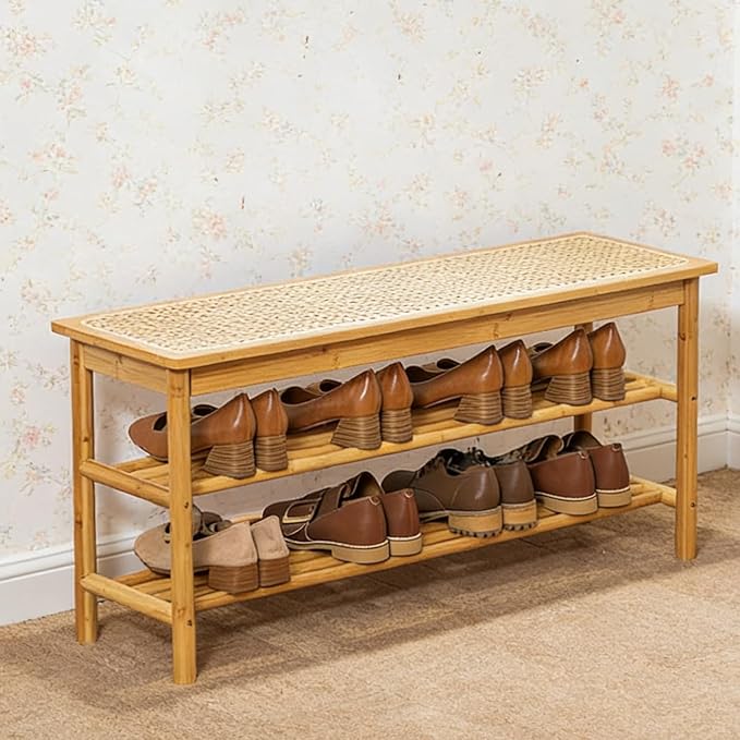 latifolia Shoe Rack Bench, 3-Tier Bamboo Shoe Bench with Breathable Rattan Seat Cushion, Shoe Storage Rack for Entryway(Nautre,39.70''L)