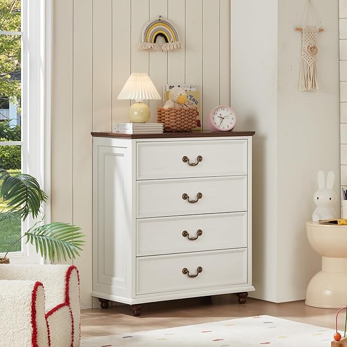 Farmhouse 4 Drawer Dresser Set of 2 for Bedroom, 37" Tall Rustic Chests of Drawers w/ 4 Solid Wood Feet, Mid Century Vintage Wooden Closet Storage Dressers Organizer for Living Room, White