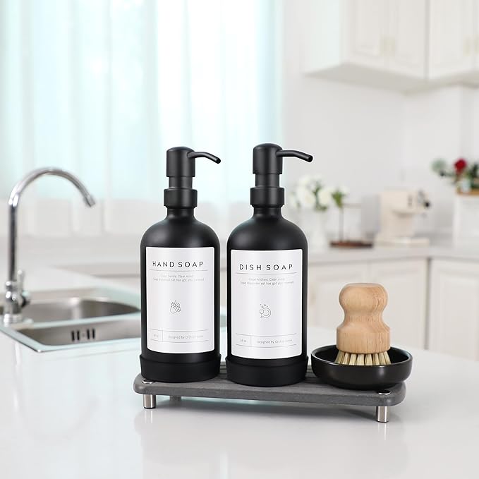 [Luxury] Kitchen Soap Dispenser Set - 16OZ Black Glass Bottle, Stainless Steel Pump, Instant Dry Tray, Waterproof Labels, Non-Slip Silicone Pad, and Dish Brush | Upgrade for Your Kitchen and Bathroom