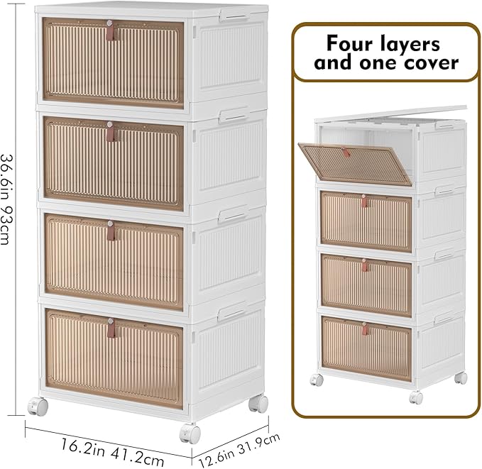 4 Tier Stackable Storage Bins with Lids, 28Qt Plastic Storage Containers with Magnetic Doors & Wheels, Convenient Storage Bins Closet Organizers, Rigid Household Organization for Home