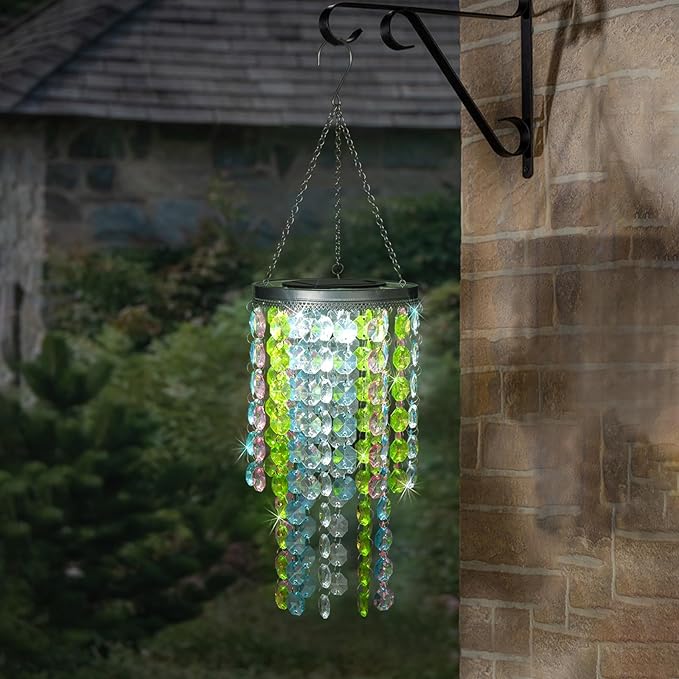 Hanging Solar Crystal Chandelier Outdoor, 21” Modern Solar Multicolor Acrylic Beaded Lantern with Cool White LED S Hooks for Garden Yard Patio Gazebo Outside Decor