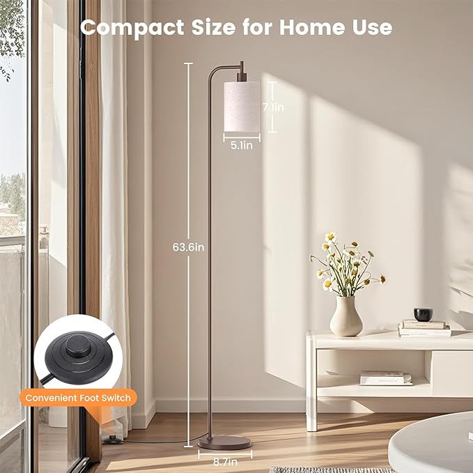 Floor Lamp with Linen Shade, Dimmable Tall Standing Lamp with Remote Control & 3 Color Temperatures, Modern Floor Lamps for Living Room Bedroom Office Corner, 9W LED Bulb Included