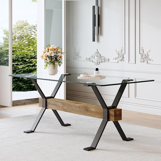Glass Dining Table 71"｜Modern Dining Table for 6-8｜0.4" Thick Tempered Glass Top｜Matte Black Metal Legs｜Wooden Crossbar｜Easy Assembly｜Perfect for Dining Room or Kitchen
