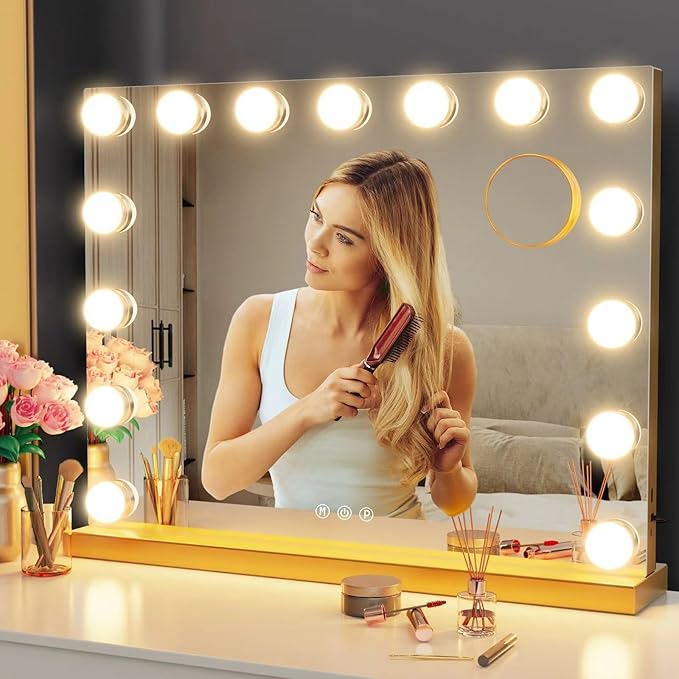 22.8 x 18.2 Vanity Makeup Mirror with Lights, 10X Magnification,Large Hollywood Lighted Vanity Mirror with 15 Dimmable LED Bulbs, USB Charger Port, Tabletop or Wall-Mounted Gold