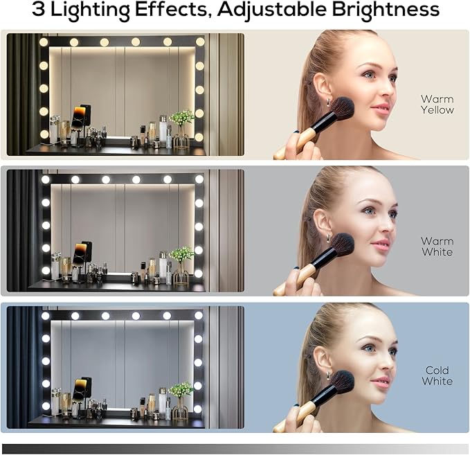 SMOOL Vanity with Lighted Mirror, Makeup Vanity Desk with Power Outlet and LED Bulbs, 3 Color Lighting Modes Adjustable Brightness, 7 Drawers Vanity Table with Cushioned Stool for Bedroom,Black
