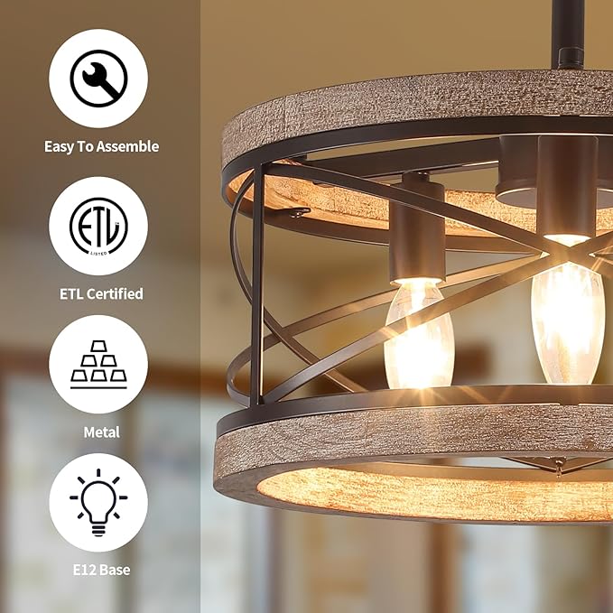 Farmhouse Flush Mount Ceiling Light Fixture, 3-Light Rustic Ceiling Lights Round Drum Metal Industrial Entryway Light Fixture for Hallway Living Room Bathroom Dining Room Kitchen