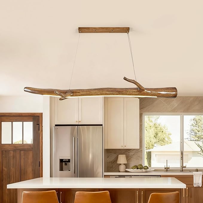 63in Wood Linear Pendant,Modern Dimmable Hanging Light Adjustable Kitchen Island Linear Chandelier for Dining Room Pool Table Light