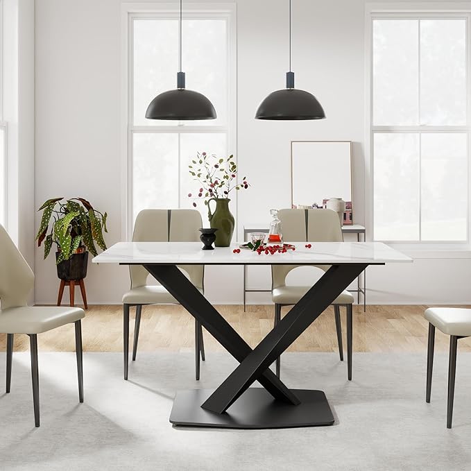 55" Modern Dining Table for 4-6 People, White Sintered Stone Table Top with X-Shape Carbon Steel Pedestal, Large Rectangular Table for Kitchen Living Room