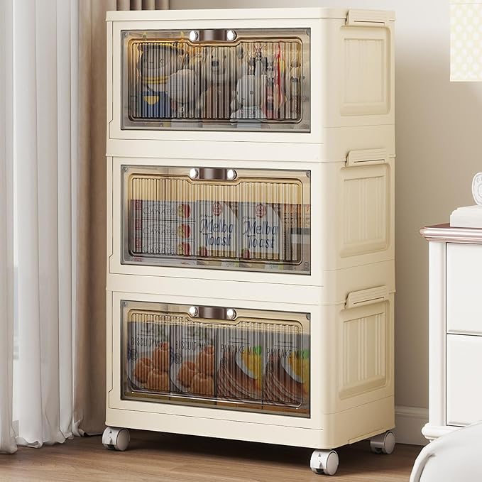 3 Tier - 48QT Storage Bins with Lids, Collapsible Storage Bins with Doors and Wheels, Plastic Storage Cabinet for Easy Storage and Organization for Living Room, Office