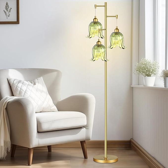 Gold Floor Lamp for Living Room,Bedroom,Tree 3 Light Standing Lamp Mid Century Modern Brass Tall Floor Lamps Vintage Retro Floor Lights Green Glass Flower Lamp Shade Farmhouse Boho Bohemian
