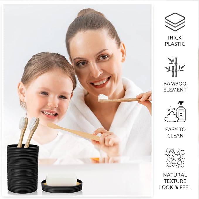 CERBIOR Bathroom Accessories Set Bath Ensemble Includes Soap Dispenser, Toothbrush Holder, Toothbrush Cup, Soap Dish for Decorative Countertop and Housewarming Gift (Black Spiricle)
