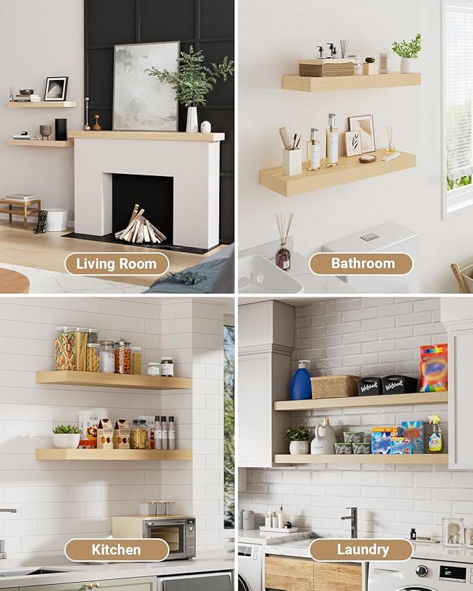 White Oak Floating Shelf for Wall, 3-Piece Long Wood Floating Shelves for Fireplace Mantel, 8D x 2 Inch Thick Wall Shelves for Kitchen Bathroom Living Room Laundry, 50LBS Capacity(35.5&72 In)