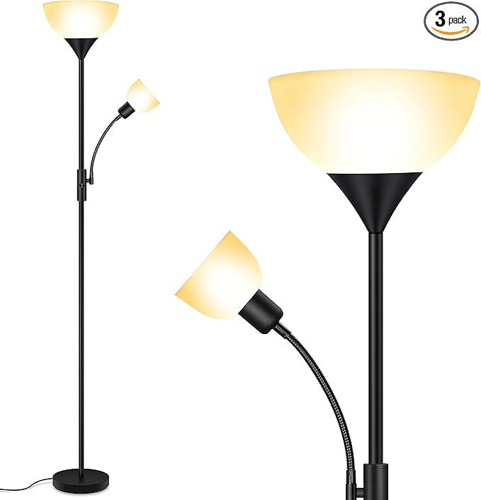 Floor Lamp, Standing Lamp, Torchiere Floor Lamp with Adjustable Reading Lamp, 71" Tall Pole Lamps, 3 Way Switch, Plastic Lampshade, Corner Floor Lamps for Living Room, Bedroom(E26 Base, No Bulb)-Black