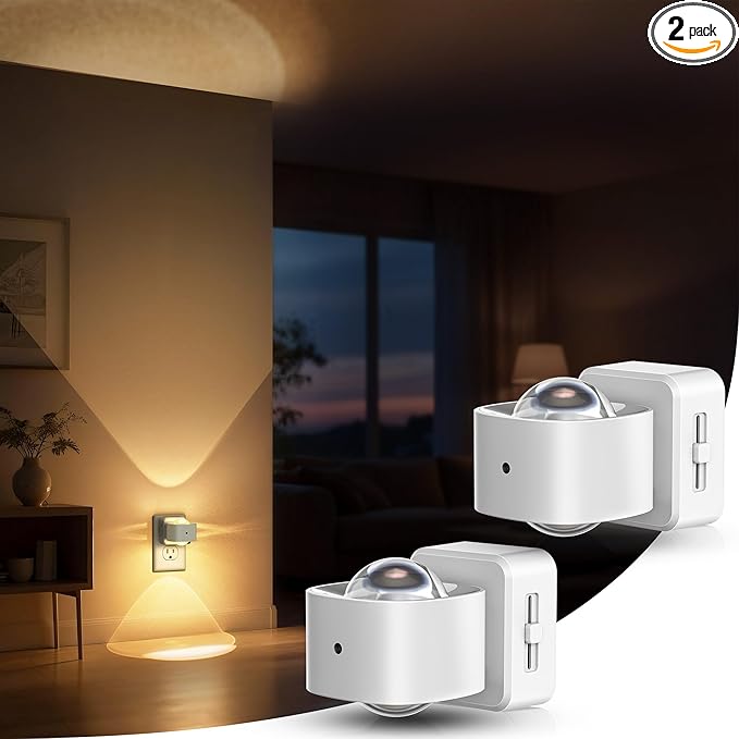 Briignite Night Light Projector, LED Night Lights Plug into Wall, 180° Rotating Night Light for Kids, Dusk to Dawn Sensor, 0-150LM Dimmable, Warm White Ambient Lighting for Bathroom, White, 2 Pack