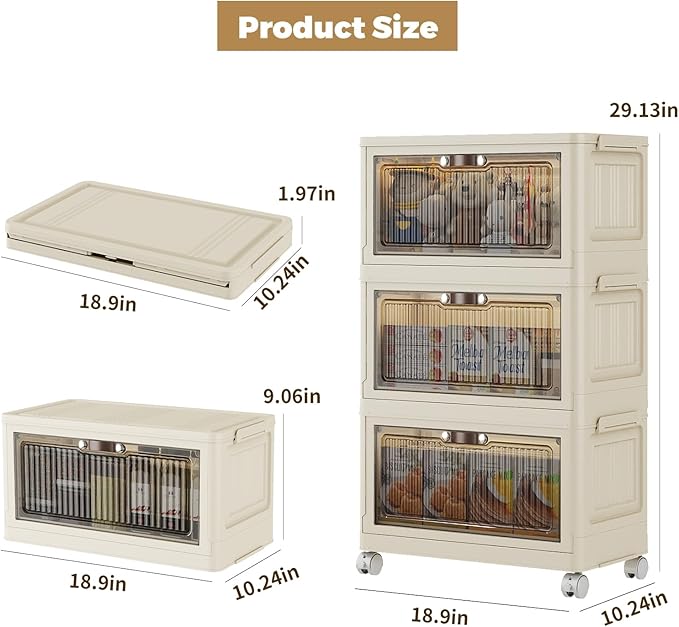 3 Tier - 34QT Storage Bins with Lids, Collapsible Storage Bins with Doors and Wheels, Plastic Storage Cabinet for Easy Storage and Organization for Living Room, Office