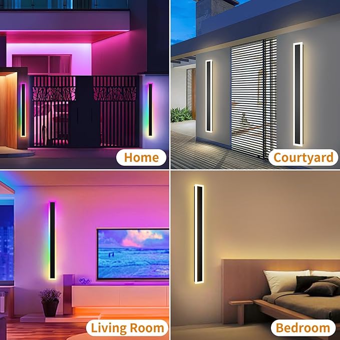 Outdoor RGB Long Wall Lights, 70.8inch 2 Pack RGB/Warm/White Dimmable Modern Led Wall Lighting, Ip65 Waterproof Long Wall Sconce with Remote and APP Control for Outdoor/Indoor