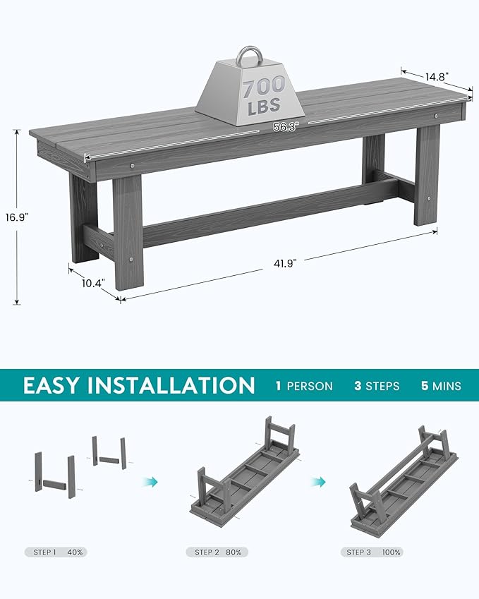 SERWALL 2-Person Outdoor Bench Backless, HDPE Outdoor Benches Weatherproof, 700 Lbs Weight Capacity, Poly Lumber Patio Furniture for Garden, Porch and Park, Grey, 2 Pack