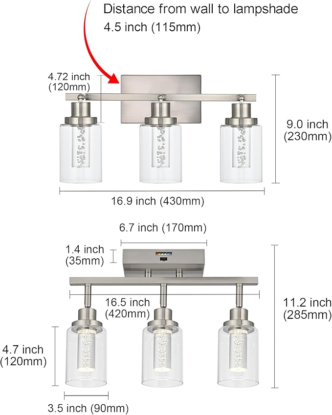 MELUCEE 3-Light LED Track Lighting Brushed Nickel Modern Ceiling Light Bathroom Wall Light with Flexibly Pivoting Heads, Built-in LED Chips, 5-Color Temperature Adjustable