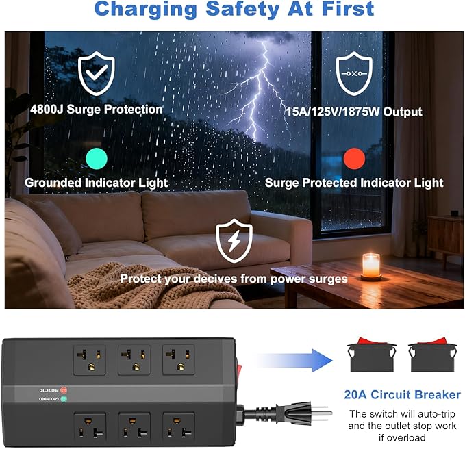 JUNNUJ Heavy Duty Surge Protector Power Strip with 6 Plug 4 USB Ports, 20 Amp 12 Gauge 6 FT Extension Cord with Multiple Outlets. Metal Wall Mount Outlet Extender for Garage Industrial Shop