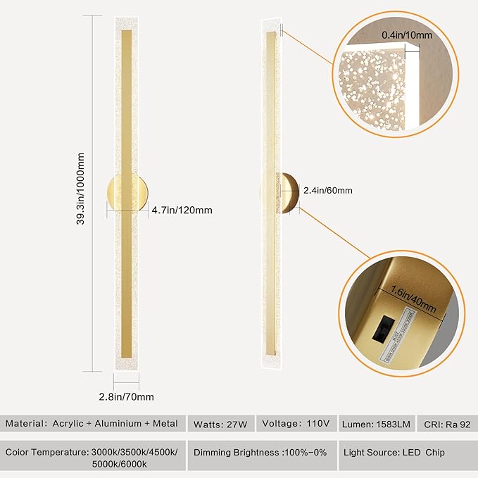 Modern Wall Sconces 39.4In Gold Wall Light Fixtures Dimmable LED Sconce Wall Lighting Indoor Hardwired Wall Lamps for Living Room Bedroom Hallway Stairs