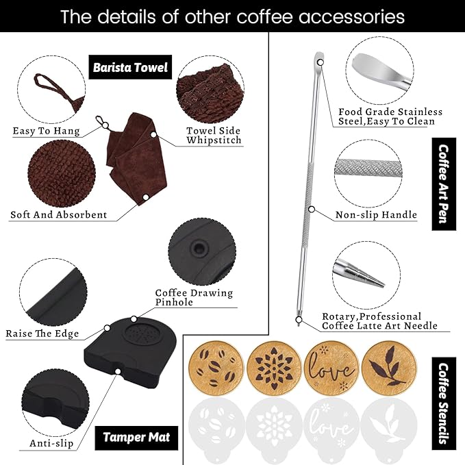 51mm Coffee Tamper Set Barista Kit for Portafilter Machine Wooden Espresso Tamper with Tamper Mat, Frothing Pitcher (350 ml/11.836 oz), Barista Towel, Latte Art Pen and Decorative Stencils