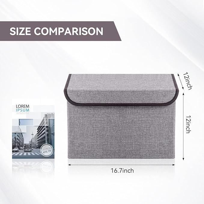 Large 17" 42 Quarts Collapsible Stackable Storage Bins with Lids [3-Pack] Foldable Fabric Linen Storage Boxes Cube, Closet Organizer Baskets with Label for Home (16.7 x 12 x 12, Gray)