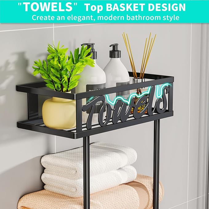 HapiRm Towel Rack Bathroom Storage - 3 Tier Over The Door & Wall Mounted Rolled Towel Racks Holder Organizer with Metal Shelf and 6 Hooks for Small Bathroom, Camper, Rv - Black (for 1.77 in Doors)