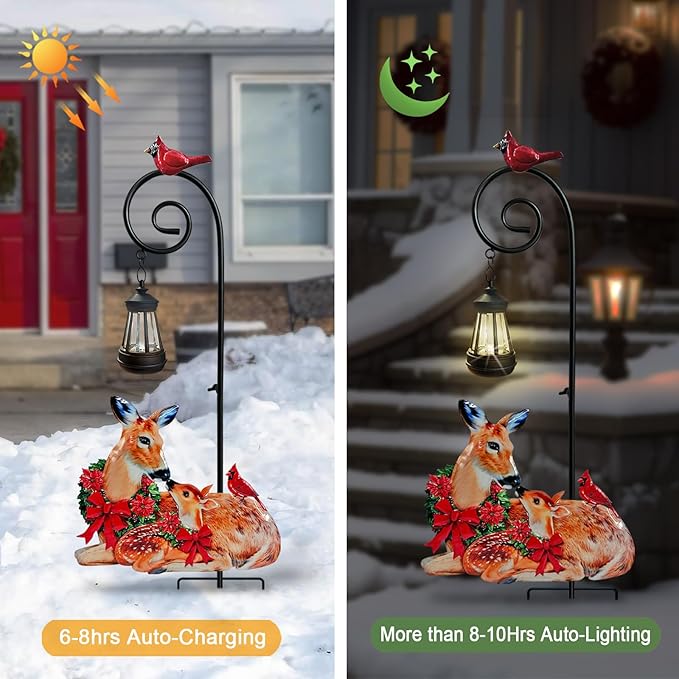 Deer Metal Garden Stake with Solar Light, Christmas Decorations Outdoor Waterproof Sloar Lights Outside, Doe and Fawn Outdoor Statue for Garden Lawn Patio