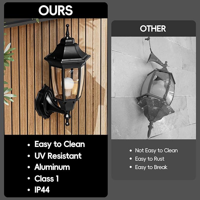 EMART Dusk to Dawn Outdoor Porch Light, Exterior Anti-Corrosion, Waterproof Aluminum & Glass Shades Wall Lamp Fixture, Modern Sconce Lantern for Yard, House, Garage - 1 Pack, Black （Bulb Included）
