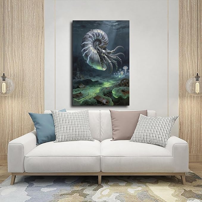 Framed Steampunk Mechanical Nautilus Wall Art - Underwater Industrial Poster for Man Cave Studio Decor 24x36inch(60x90cm)