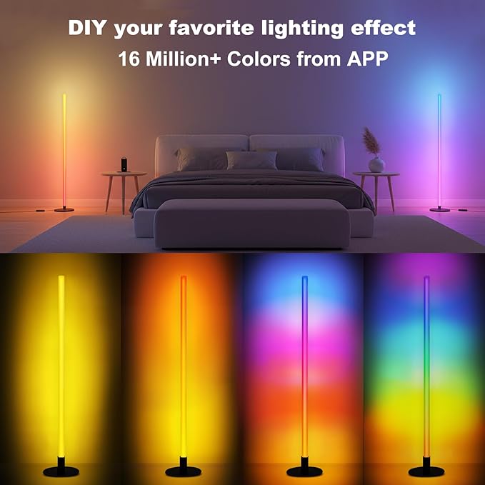 Corner Floor Lamp with Transformable Design - LED Corner Lamp with App and Remote Control, 16 Million Colors, Music Sync and Timer, Perfect for Game Room, Living Room