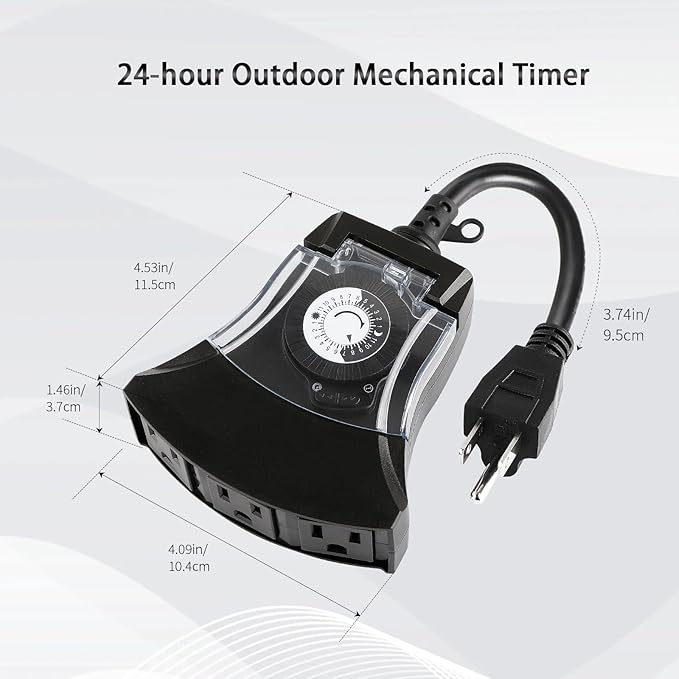 Outdoor Timer Outlet Waterproof, 24 Hour Mechanical Timer Outlet for Home and Garden, 3 Grounded, 15A 3/4HP, Black, 2 Pack