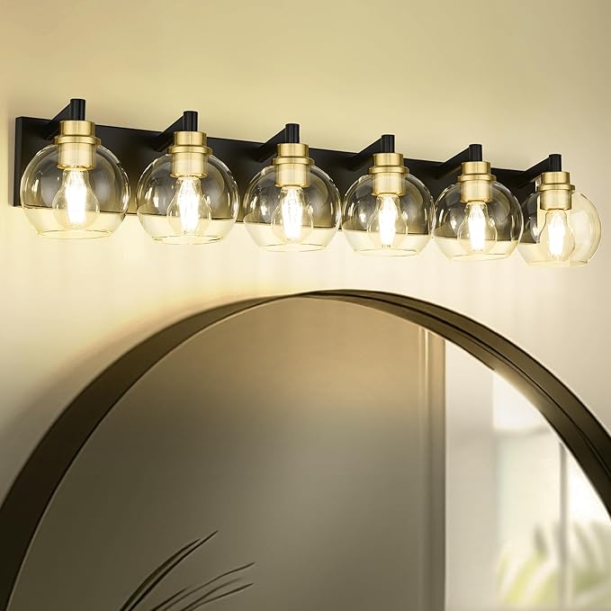 Bathroom Light Fixtures, 6-Light Black and Gold Bathroom Vanity Light, 38 Inch Modern Wall Sconces with Globe Clear Glass Shade, Vanity Lighting Fixtures Over Mirror, VL195-KG-6