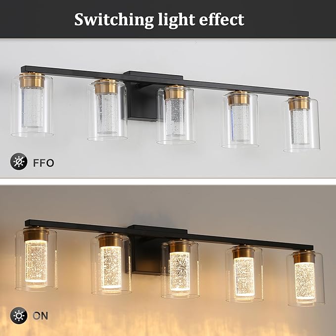 EMONG 5-Light Black&Gold Bathroom Light Fixtures,Dimmable 5CCT LED Vanity Lights with Clear Glass,2700K-6500K Adjustable Crystal Bubble Black Bathroom Vanity Light Over Mirror for Hallway