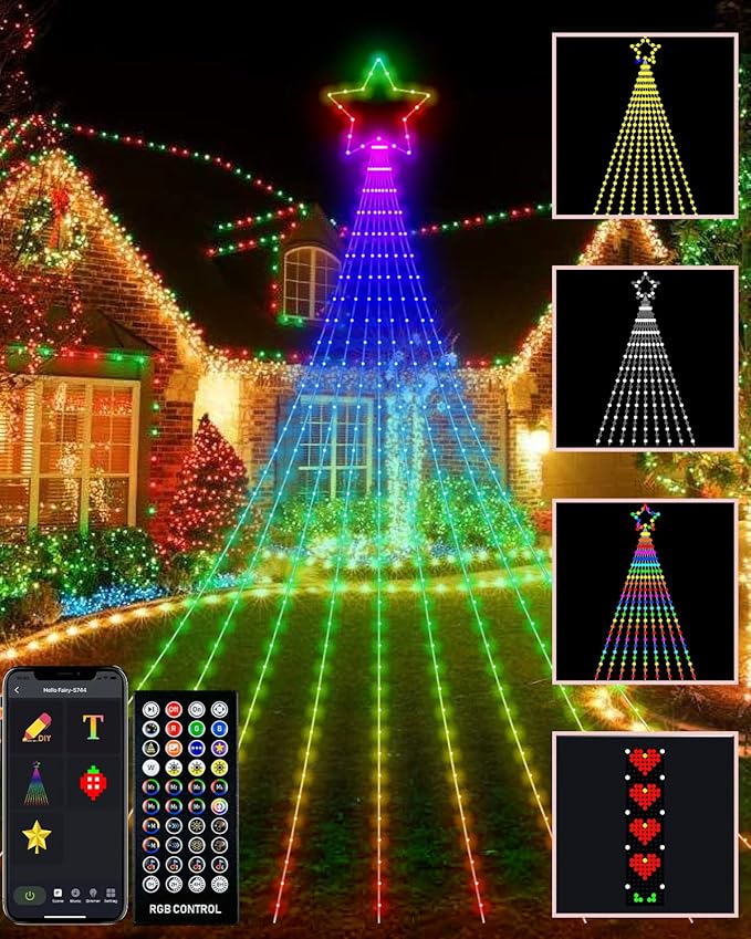 Outdoor Christmas Decorations Lights with Star, Smart DIY Custom Display 11.8Ft 100 Modes Yard Waterfall Tree String Lights, App Control 344LED RGB Color Changing Music Timer for Xmas Tree Lawn Decor