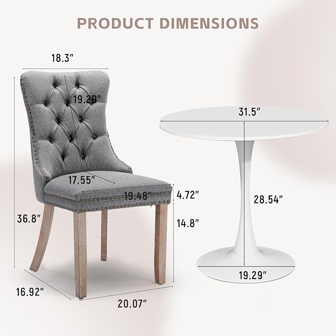 SoarFlash Kitchen Table and Chairs for 2, 31.5" Dining Table Set for 2 with Linen Upholstered Chairs, 3 Piece Round Kitchen Table Set, Dining Room Table Set for Small Space, Apartment, Grey/White