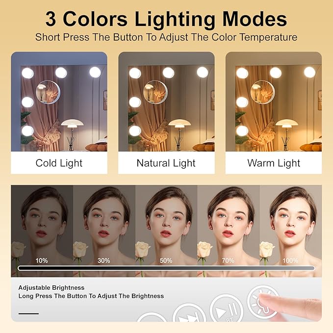 Hasipu Hollywood Vanity Mirror with Lights and Bluetooth Speaker, 32" x 22" Makeup Mirror with 15 Dimmable LED Bulbs 3 Color Modes, 5X Magnifying Glass, Touch Control, USB and Type-C, Tempered Glass