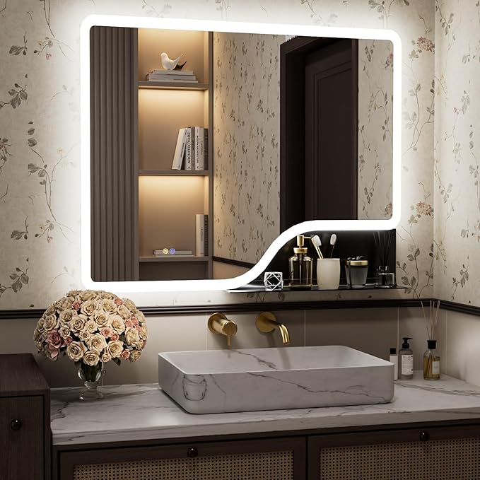 40"x 32" LED Bathroom Mirror with Shelf, Wall-Mounted Backlit Vanity Mirror with Lights, Smart Bathroom Mirror with 3 Colors, Anti-Fog, Stepless Dimmable, Memory (ETL)