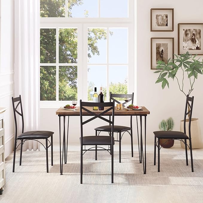 VECELO 5-Piece Dining Table Set for Home Kitchen Small Space Breakfast Nook, 4 Faux Leather Metal Frame Chairs, Retro Brown,Set for 4