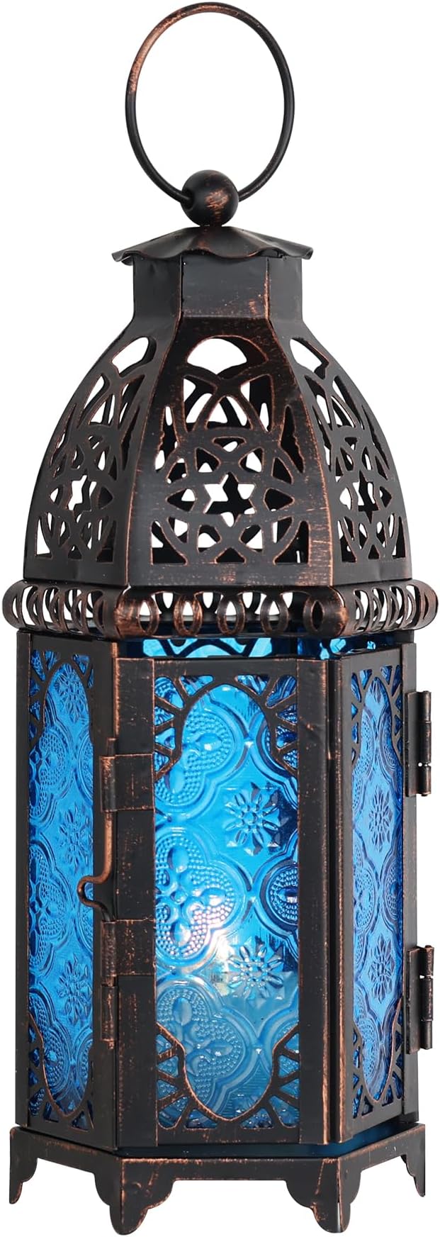 DECORKEY Christmas Lanterns Decorations Indoor & Outdoor, 11’’ Medium Size Vintage Metal Hanging&Tabletop Candle Holder Decor, Halloween Ramadan Decorations for Home Porch Patio(Blue)