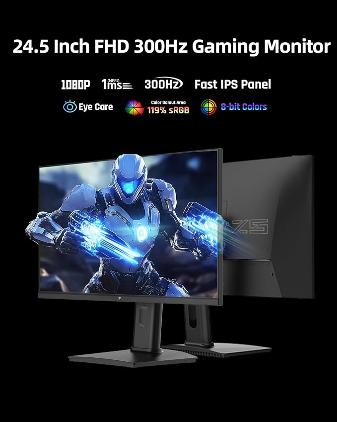KTC 24.5 Inch 300Hz Gaming Monitor - FHD 1080P Fast IPS PC Monitor Gaming 1ms, Adaptive Sync, HDR, 240Hz Monitors Gamer with Display Port1.4x1 HDMI 2.0x2, 119% sRGB, VESA Mount, DP Cable, H25Y7
