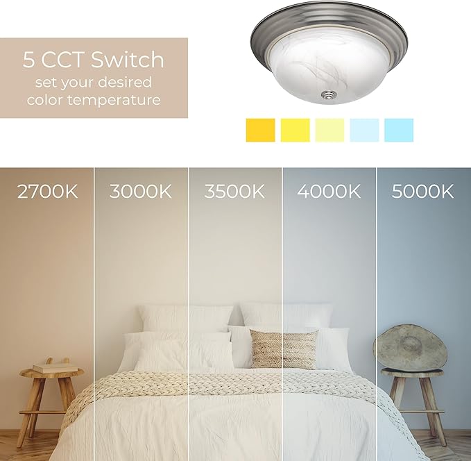Builder Essential Collection LED 20W 15in 1,900 Lumens Round Flush Mount Ceiling Light with White Marbled Glass and 5-CCT Selectability 2700-3000-3500-4000-5000K and in Brushed Nickel