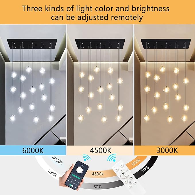 W27.6 x D11.8 x H118 Rectangular Glam Chandelier Bubble Crystal Ceiling Pendant Lights Dimmable High Ceiling Chandeliers Fixtures Adjustable Long Lights Black