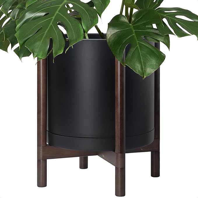 D'vine Dev Planter Pot with Stand - 16 Inch Plastic Cylinder Flower Pot with Wood Planter Holder for Indoor, Matte Black Pot + Walnut Color Stand, 55-C-X-2