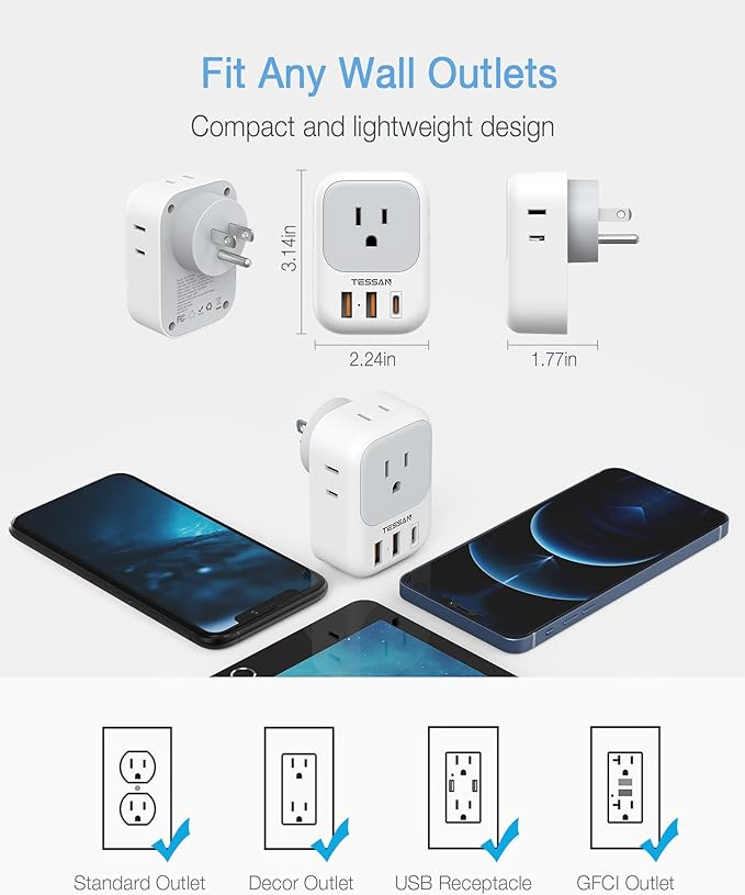 20W PD Multi Plug Adapter, TESSAN 3 USB Wall Charger Multiports (1 USB C Fast Charger), Cube Charging Station for Cruise, Home, Office, Dorm Essentials