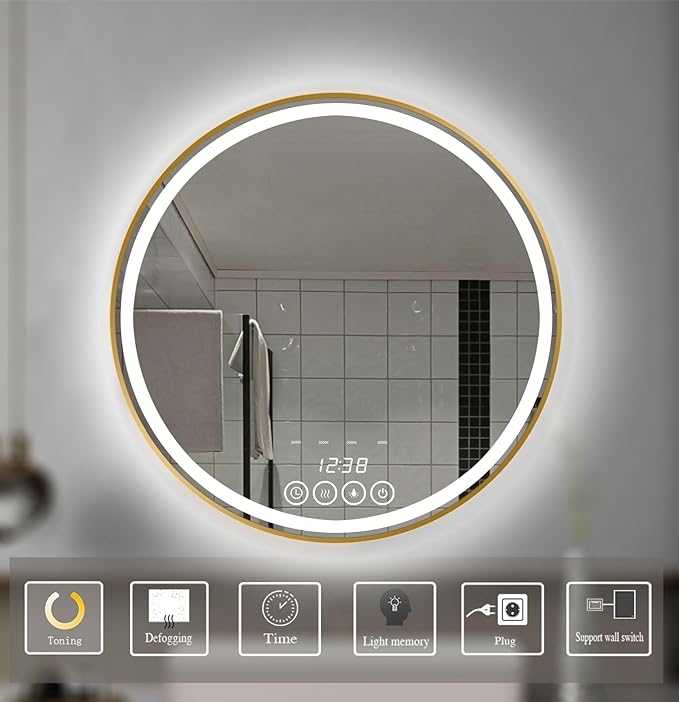 Wall-Mounted Round Bathroom Mirror with LED-Lights - Frame Vanity Mirrors (32" x 32", Gold)