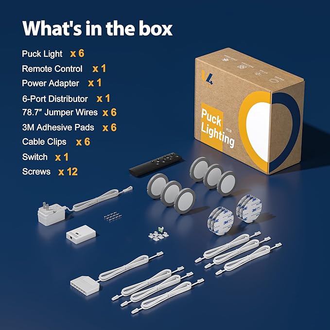 V4light Smart Under Cabinet Lights, Plug-in Puck Lighting with App, Voice & Motion Control, Dimmable 2700K–6500K, Compatible with Alexa & Google Home, Kitchen, Closet & Shelf Lighting (6 Pack)