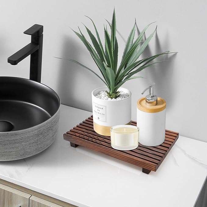 Renawe Farmhouse Bathroom Counter Tray Wood Display Pedesta Stand Kitchen Countertop Trays Decorative Wooden Riser Dish Soap Dispenser Holder for Bathroom Sink Accessories Kitchen Decor Vanity Tray